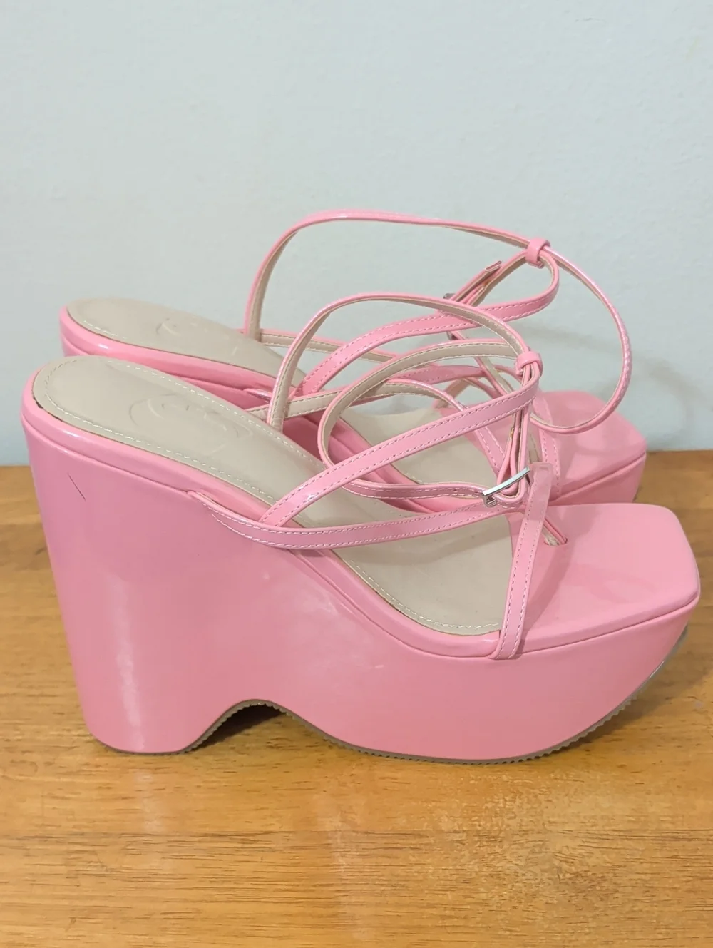 Bubblegum Pink Platform Wedge Sandals Strappy Party Heels Women's Size 8.5